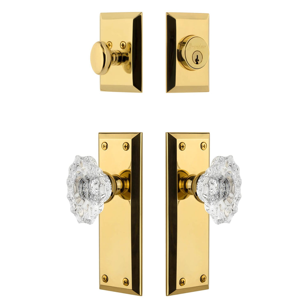 Fifth Avenue Long Plate Entry Set with Biarritz Crystal Knob in Lifetime Brass