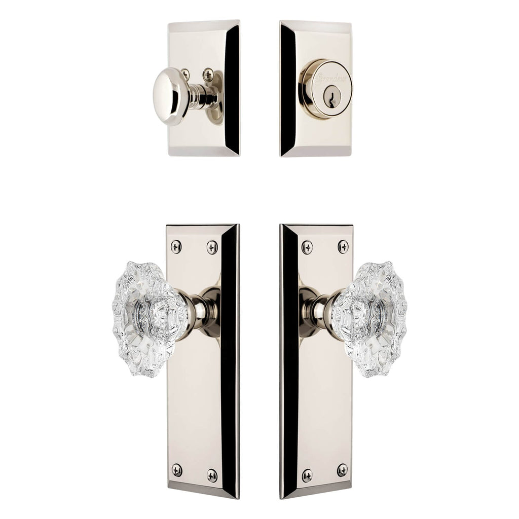 Fifth Avenue Long Plate Entry Set with Biarritz Crystal Knob in Polished Nickel