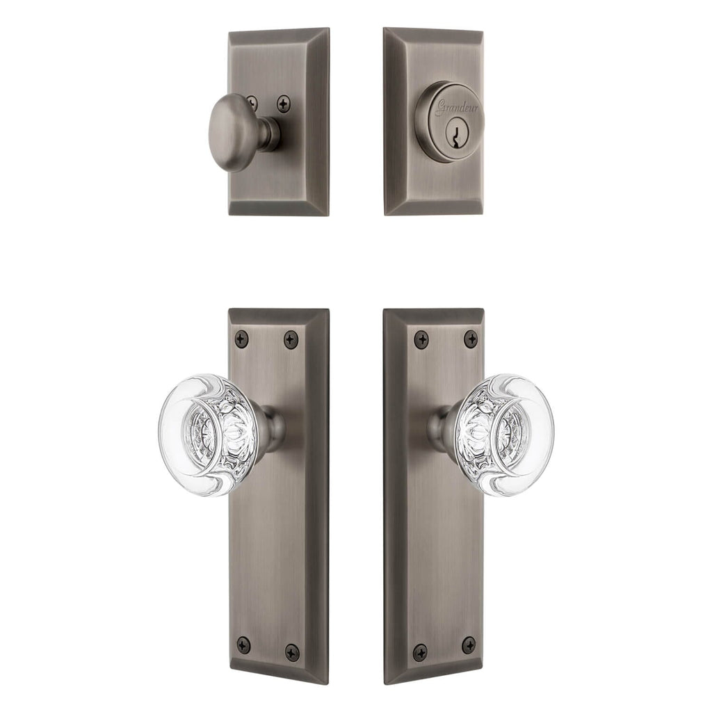 Fifth Avenue Long Plate Entry Set with Bordeaux Crystal Knob in Antique Pewter