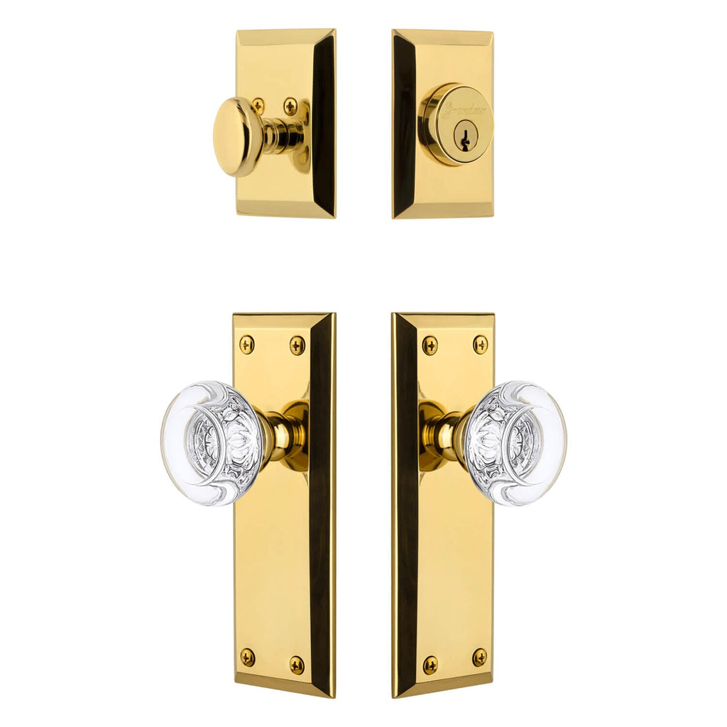 Fifth Avenue Long Plate Entry Set with Bordeaux Crystal Knob in Lifetime Brass