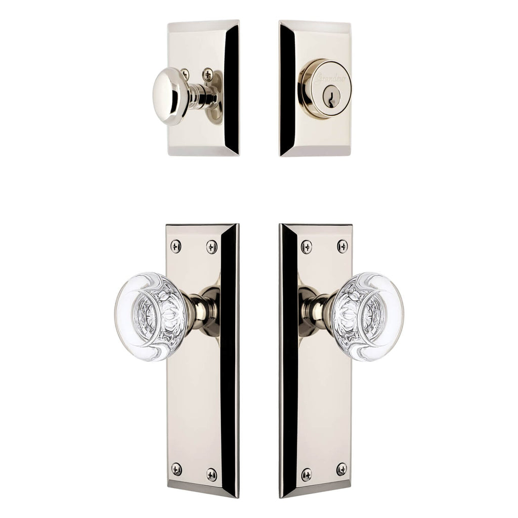 Fifth Avenue Long Plate Entry Set with Bordeaux Crystal Knob in Polished Nickel
