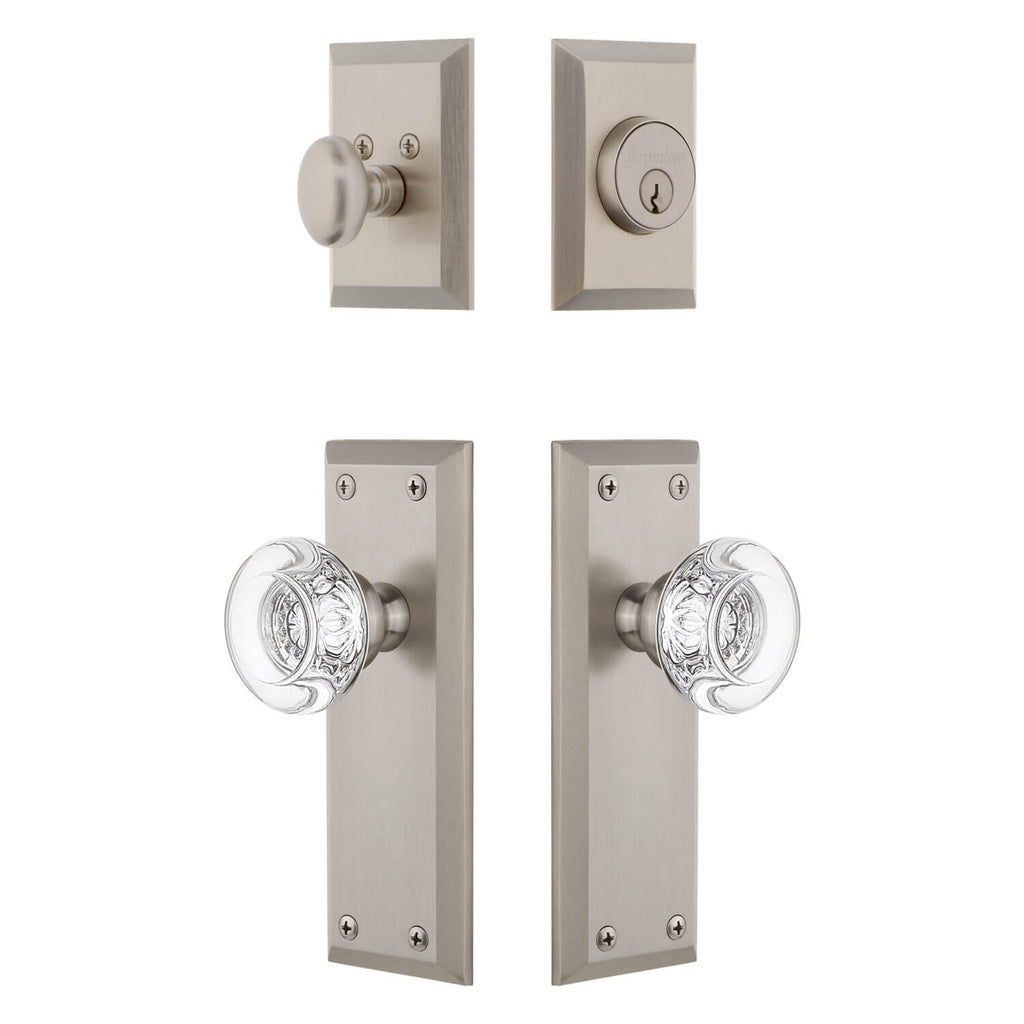 Fifth Avenue Long Plate Entry Set with Bordeaux Crystal Knob in Satin Nickel