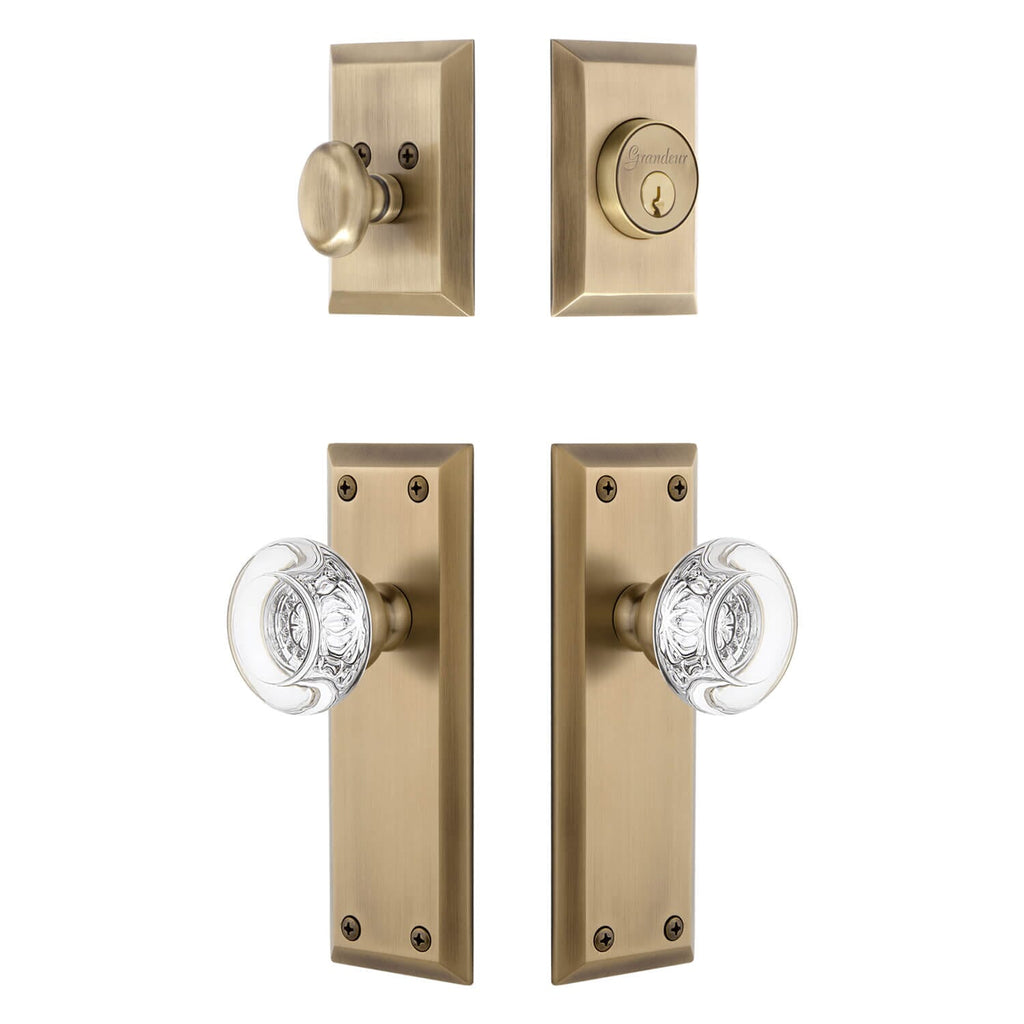 Fifth Avenue Long Plate Entry Set with Bordeaux Crystal Knob in Vintage Brass