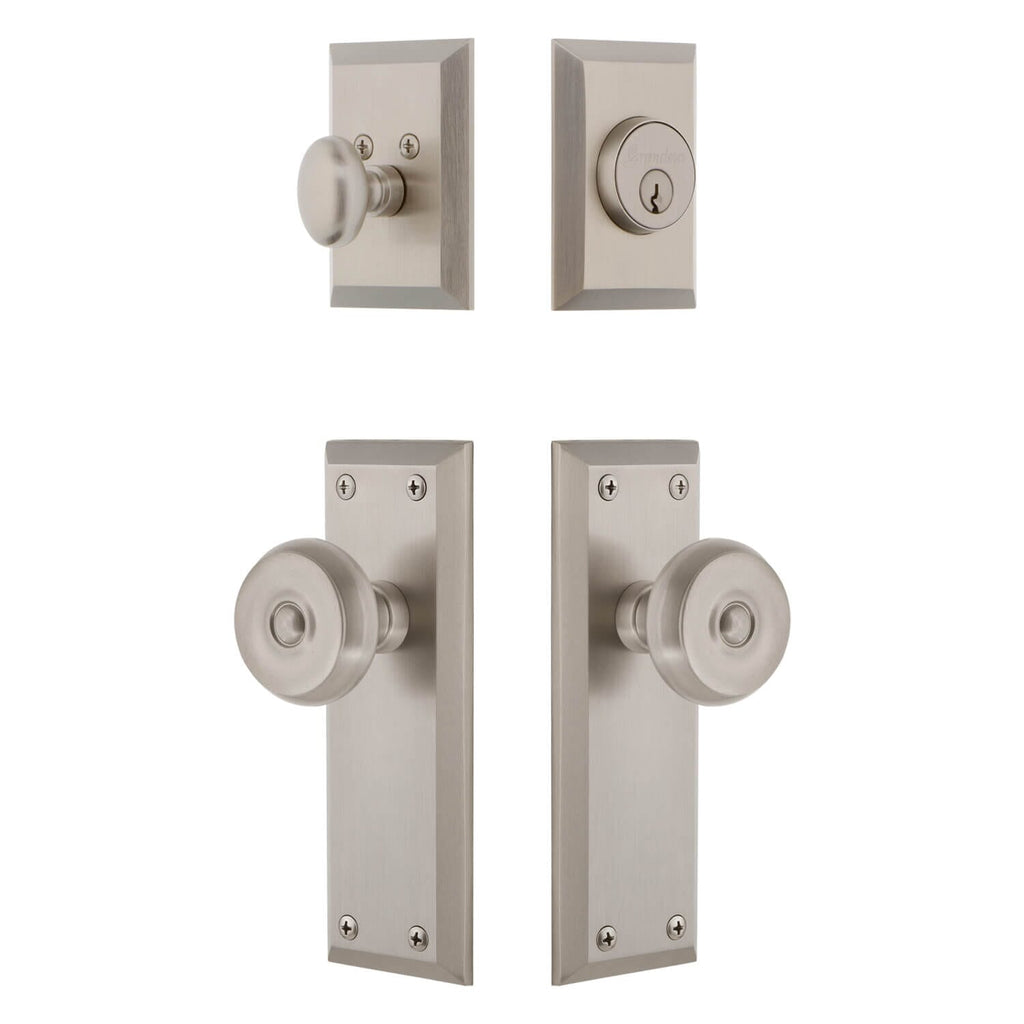 Fifth Avenue Long Plate Entry Set with Bouton Knob in Satin Nickel