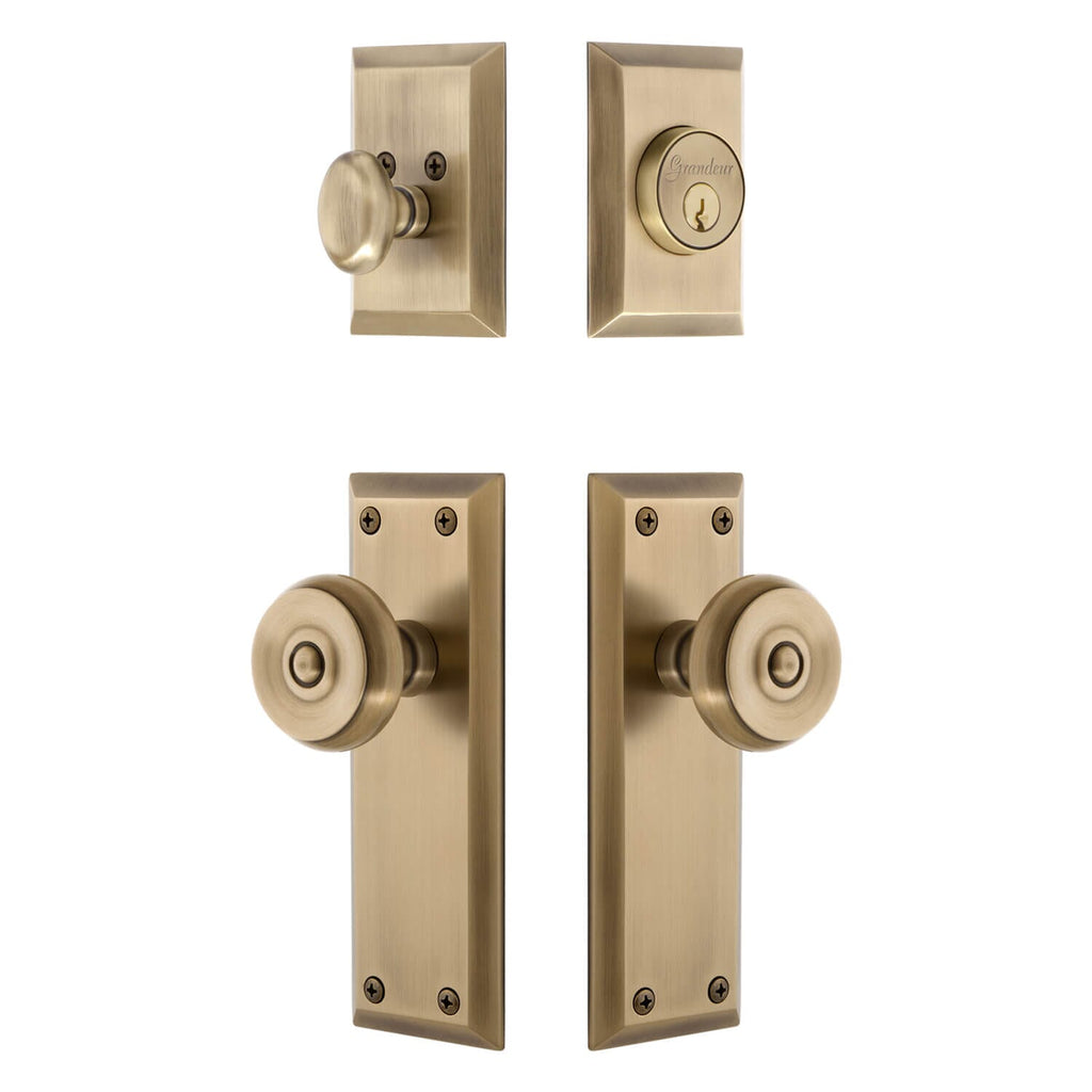 Fifth Avenue Long Plate Entry Set with Bouton Knob in Vintage Brass