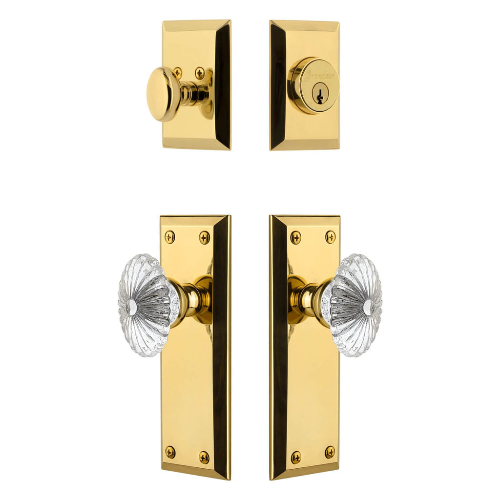 Fifth Avenue Long Plate Entry Set with Burgundy Crystal Knob in Lifetime Brass