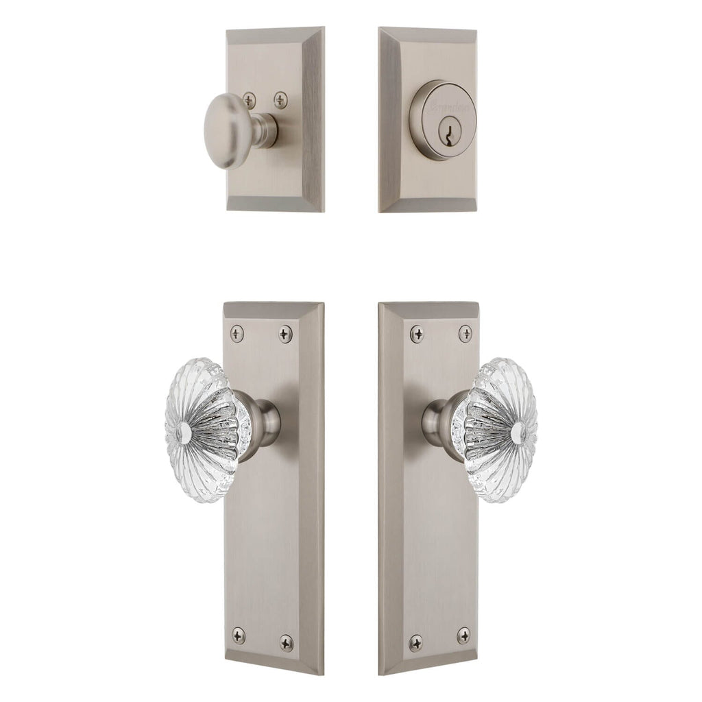 Fifth Avenue Long Plate Entry Set with Burgundy Crystal Knob in Satin Nickel