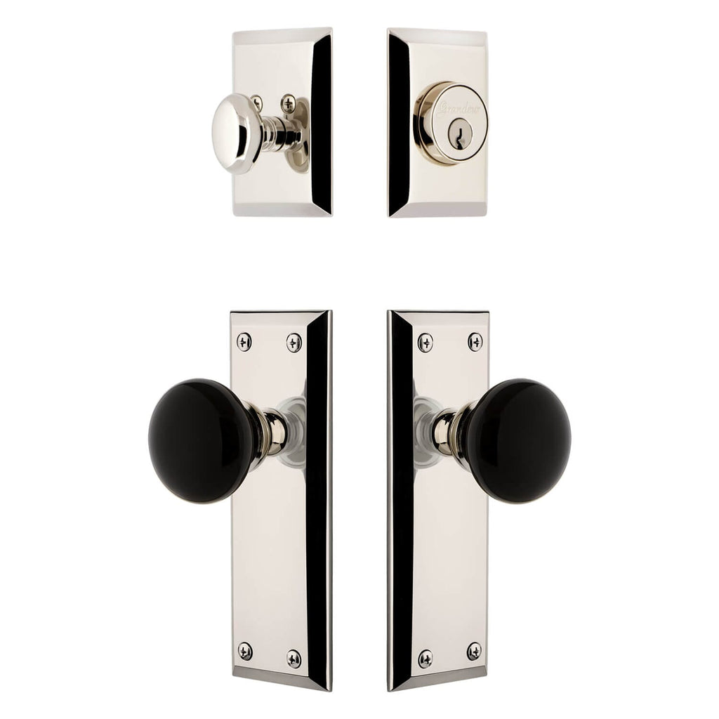 Fifth Avenue Long Plate Entry Set with Coventry Knob in Polished Nickel