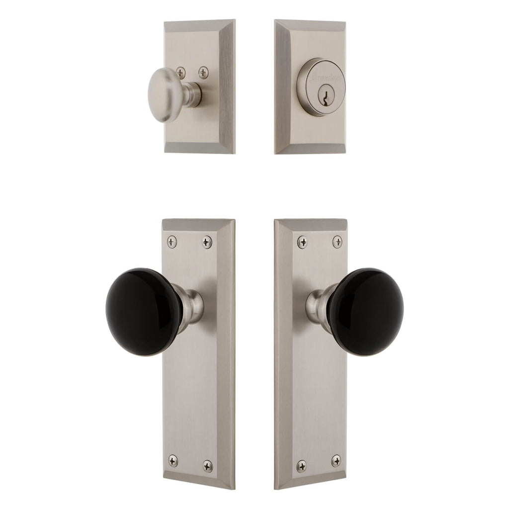 Fifth Avenue Long Plate Entry Set with Coventry Knob in Satin Nickel