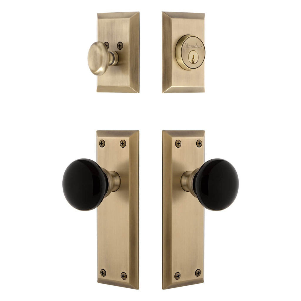 Fifth Avenue Long Plate Entry Set with Coventry Knob in Vintage Brass