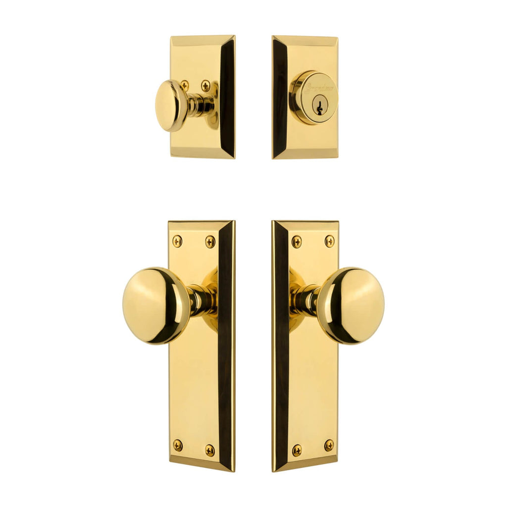 Fifth Avenue Long Plate Entry Set with Fifth Avenue Knob in Lifetime Brass