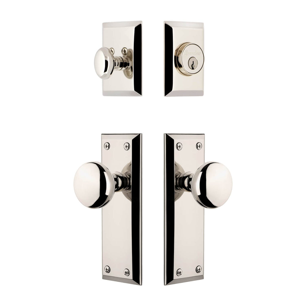 Fifth Avenue Long Plate Entry Set with Fifth Avenue Knob in Polished Nickel