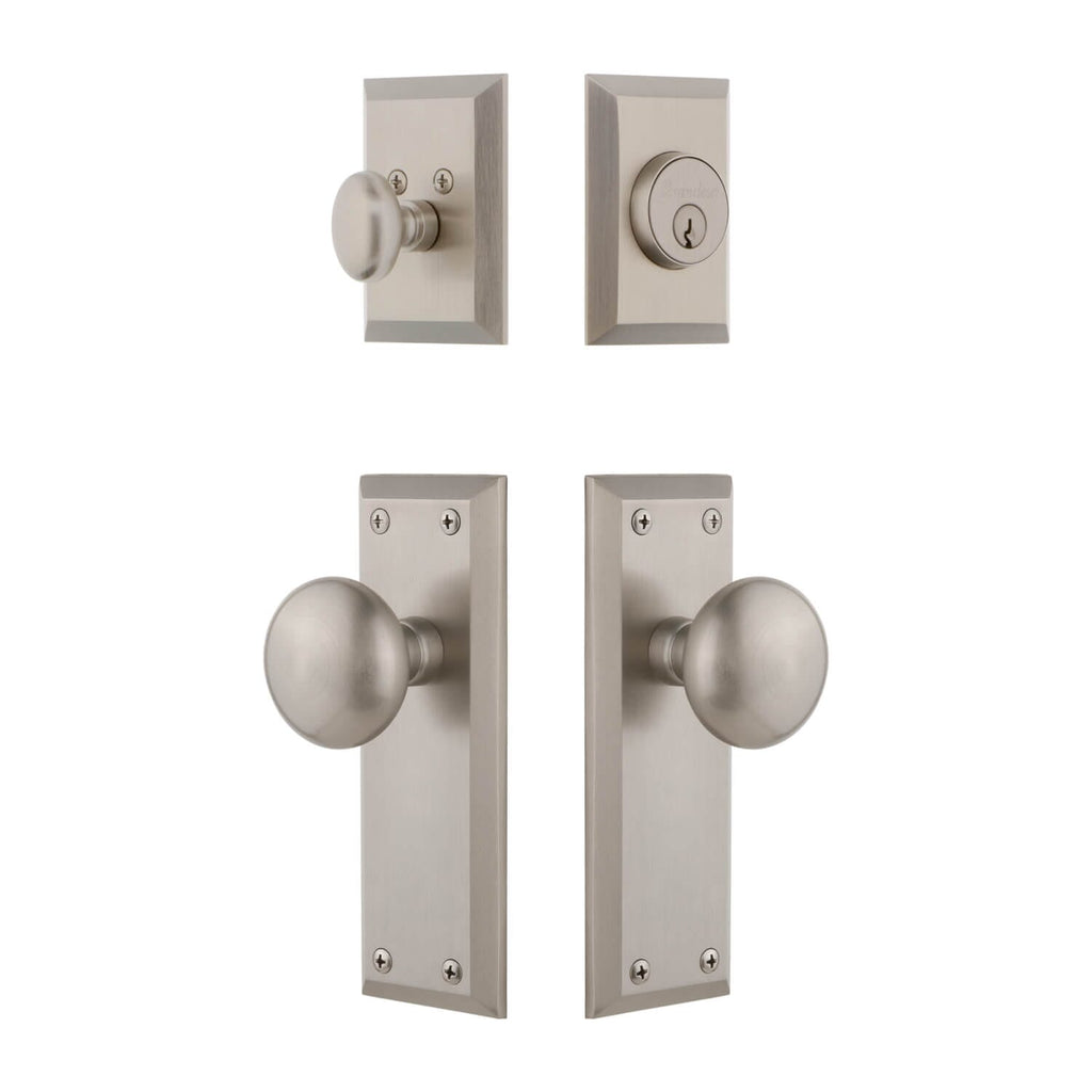 Fifth Avenue Long Plate Entry Set with Fifth Avenue Knob in Satin Nickel