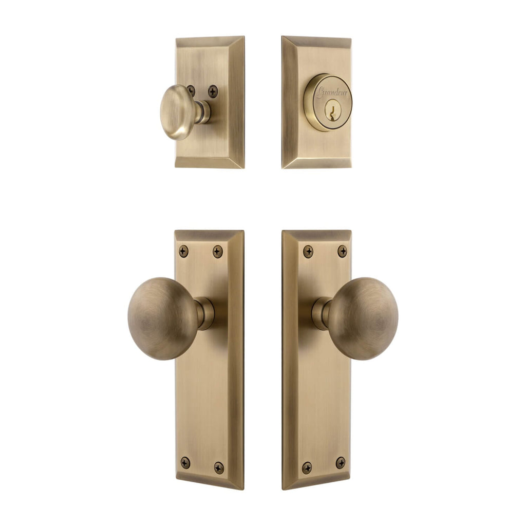 Fifth Avenue Long Plate Entry Set with Fifth Avenue Knob in Vintage Brass