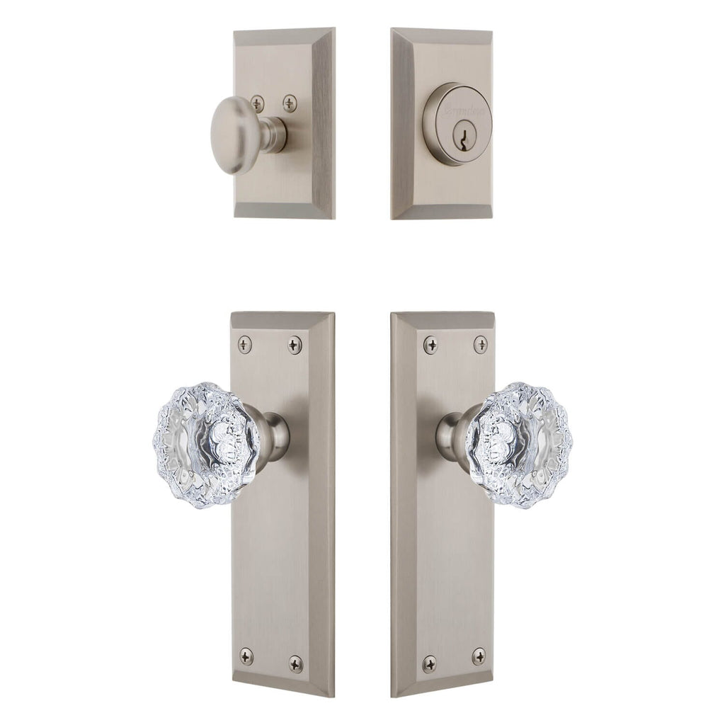 Fifth Avenue Long Plate Entry Set with Fontainebleau Crystal Knob in Satin Nickel
