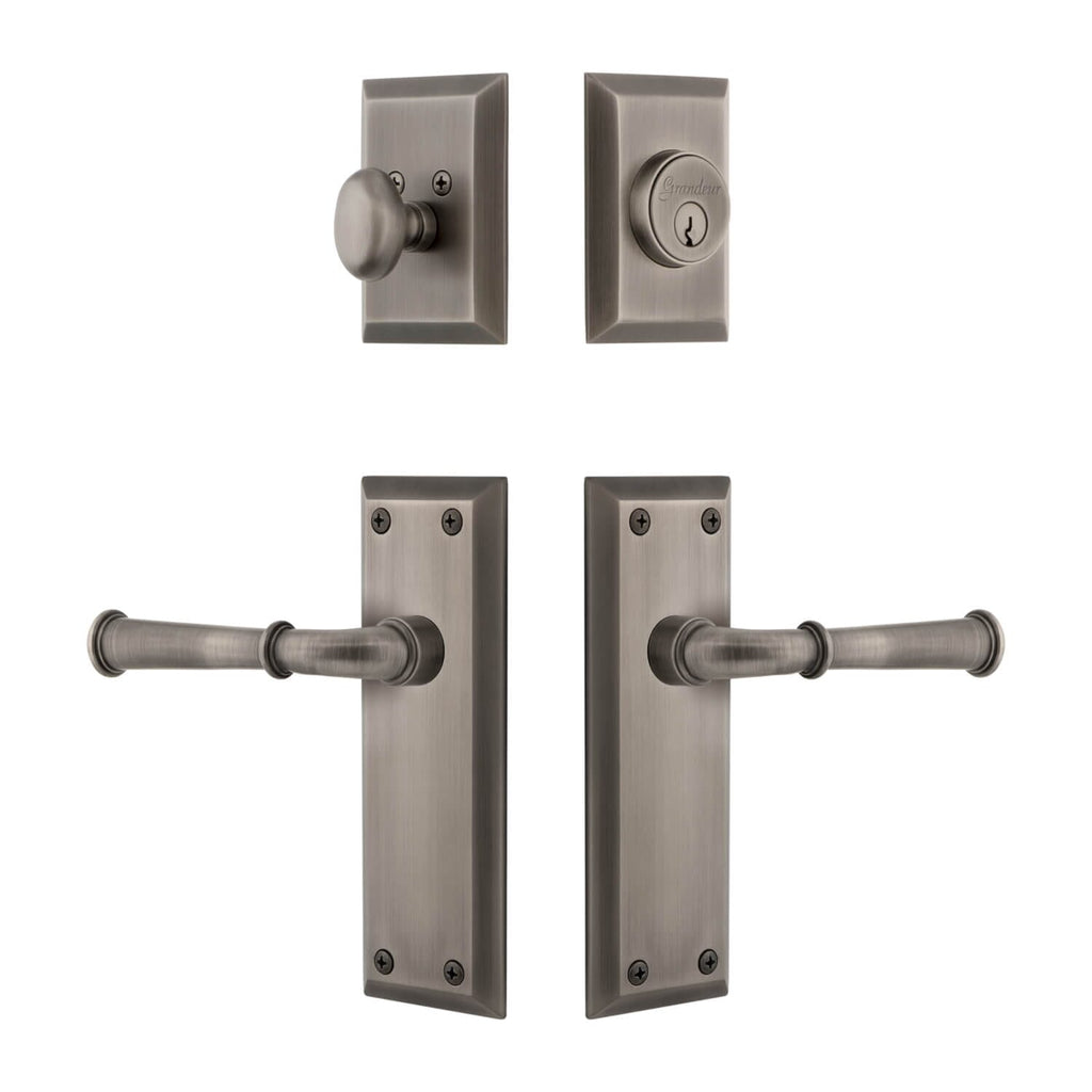 Fifth Avenue Long Plate Entry Set with Georgetown Lever in Antique Pewter