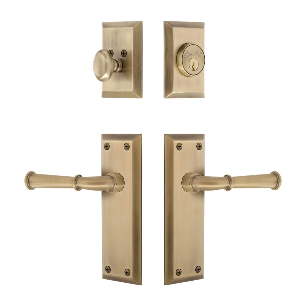 Fifth Avenue Long Plate Entry Set with Georgetown Lever in Vintage Brass