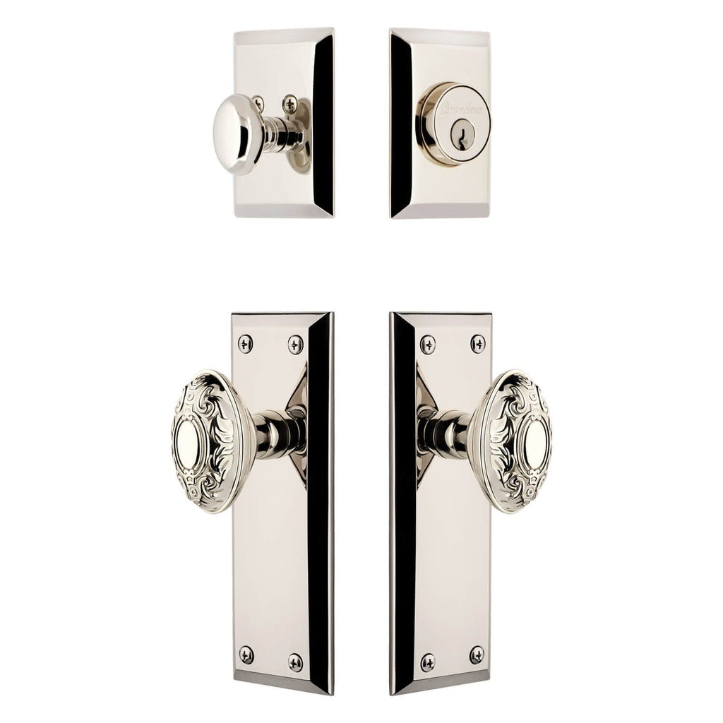 Fifth Avenue Long Plate Entry Set with Grande Victorian Knob in Polished Nickel