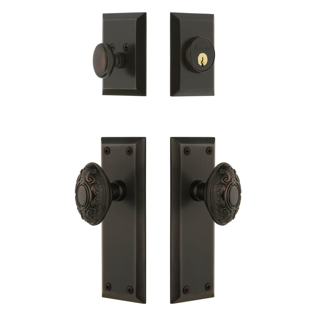 Fifth Avenue Long Plate Entry Set with Grande Victorian Knob in Timeless Bronze