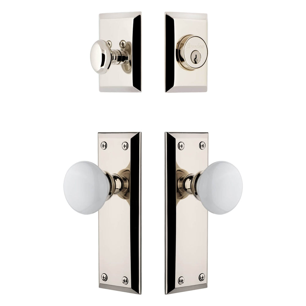 Fifth Avenue Long Plate Entry Set with Hyde Park Knob in Polished Nickel