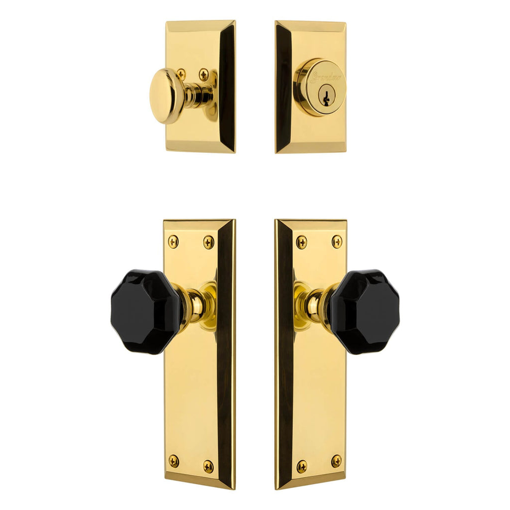 Fifth Avenue Long Plate Entry Set with Lyon Knob in Lifetime Brass