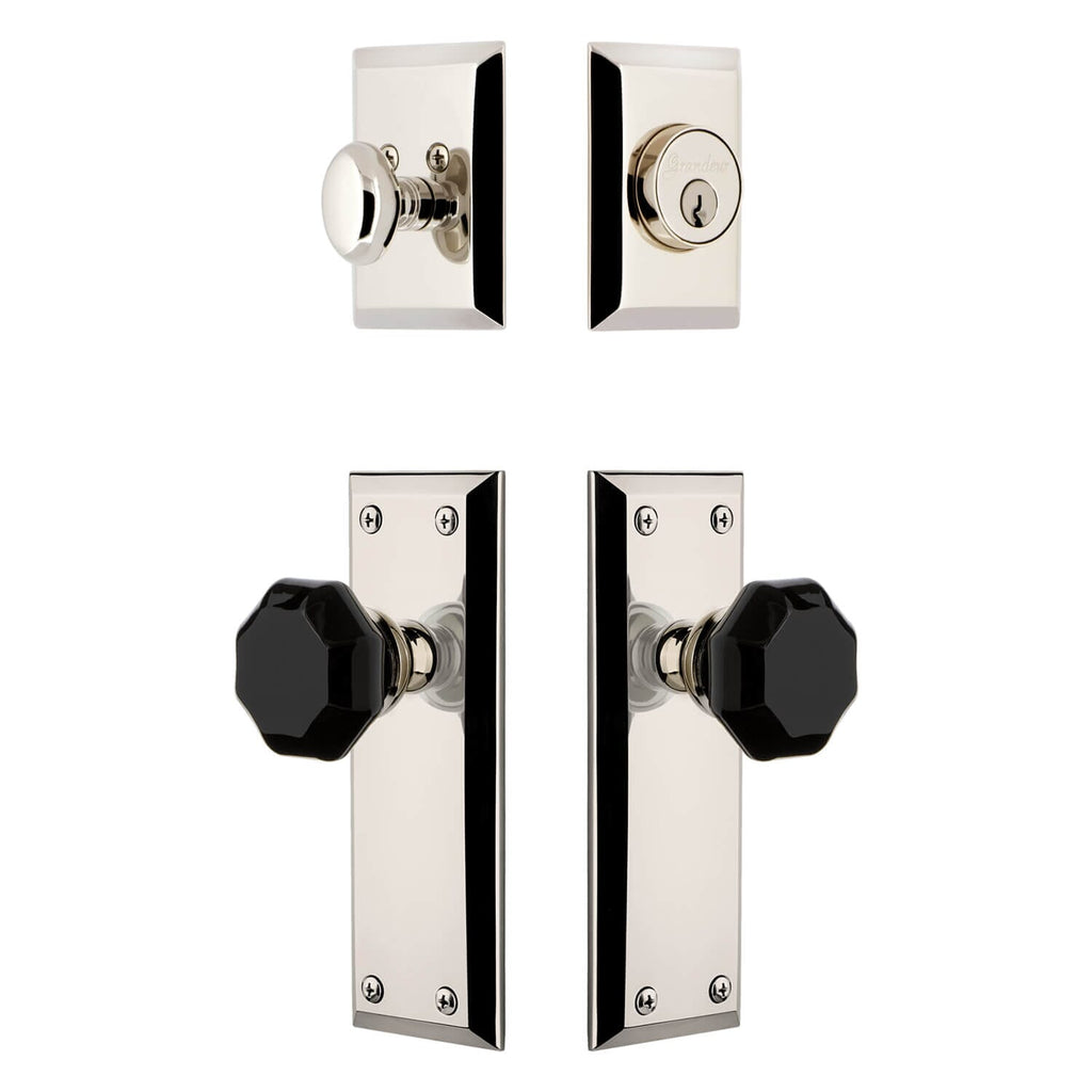 Fifth Avenue Long Plate Entry Set with Lyon Knob in Polished Nickel