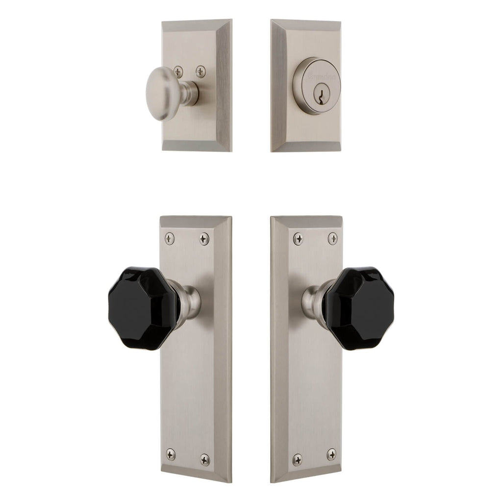 Fifth Avenue Long Plate Entry Set with Lyon Knob in Satin Nickel