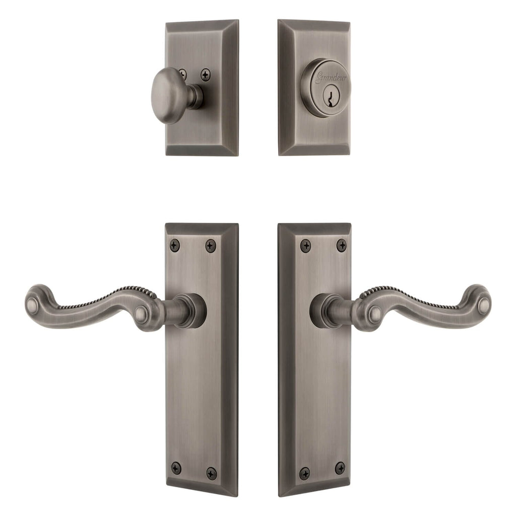 Fifth Avenue Long Plate Entry Set with Newport Lever in Antique Pewter