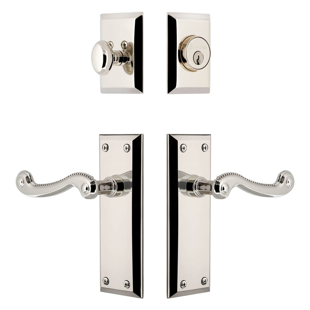 Fifth Avenue Long Plate Entry Set with Newport Lever in Polished Nickel