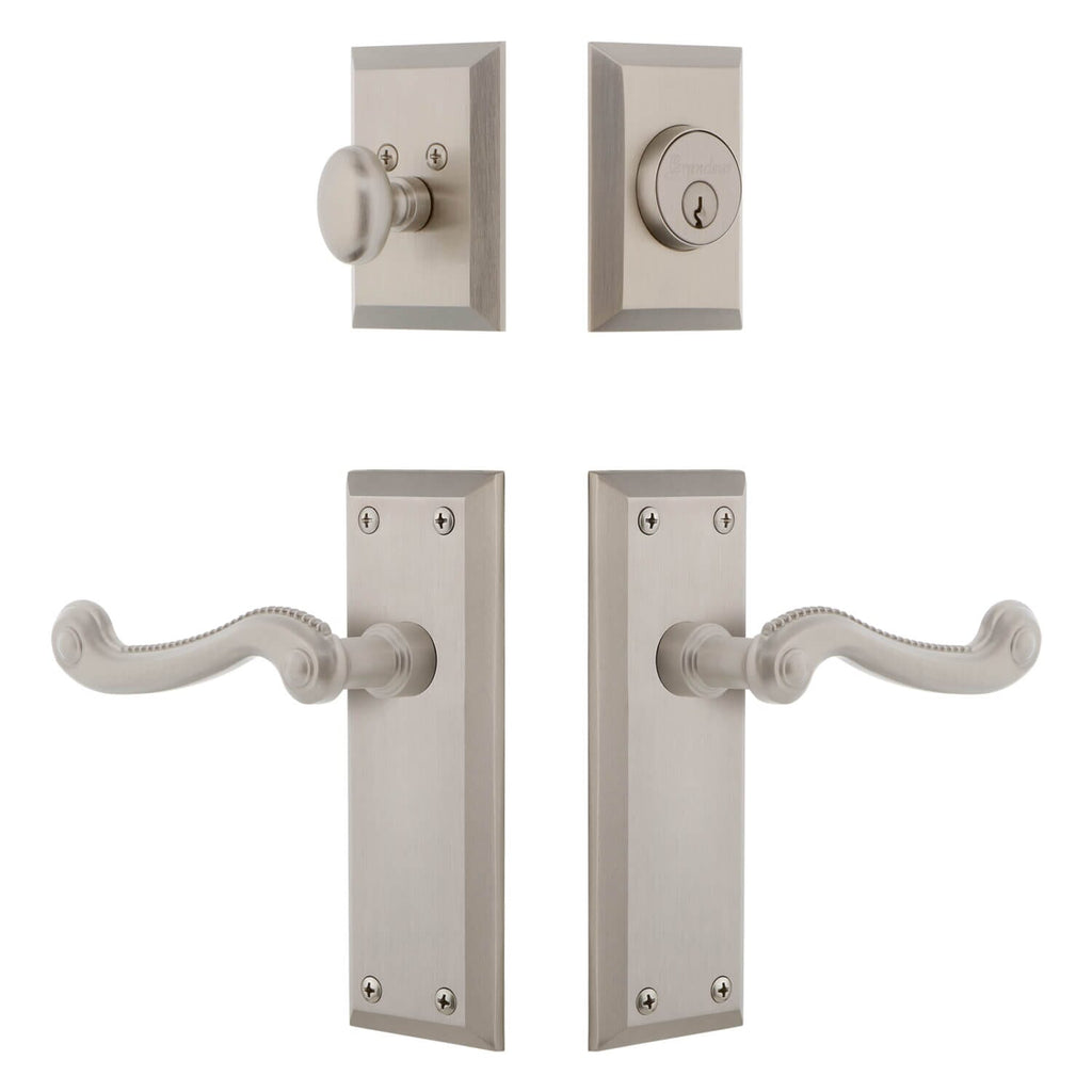 Fifth Avenue Long Plate Entry Set with Newport Lever in Satin Nickel