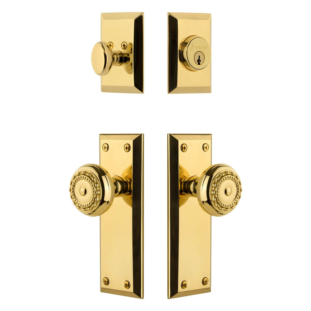 Fifth Avenue Long Plate Entry Set with Parthenon Knob in Lifetime Brass