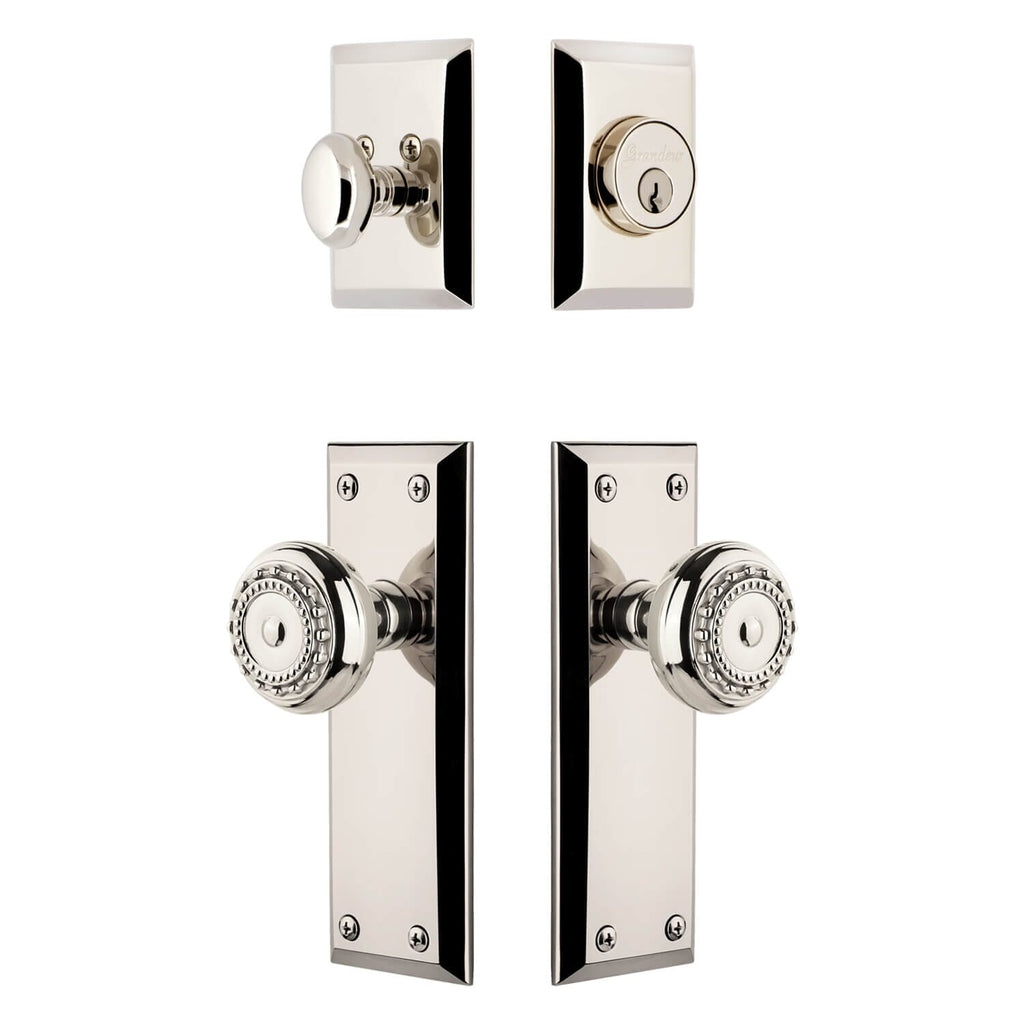 Fifth Avenue Long Plate Entry Set with Parthenon Knob in Polished Nickel