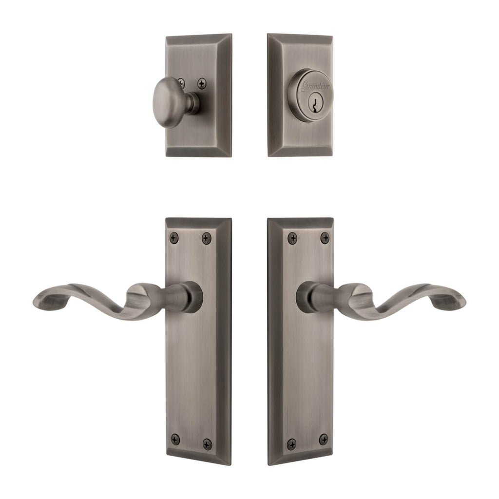 Fifth Avenue Long Plate Entry Set with Portofino Lever in Antique Pewter