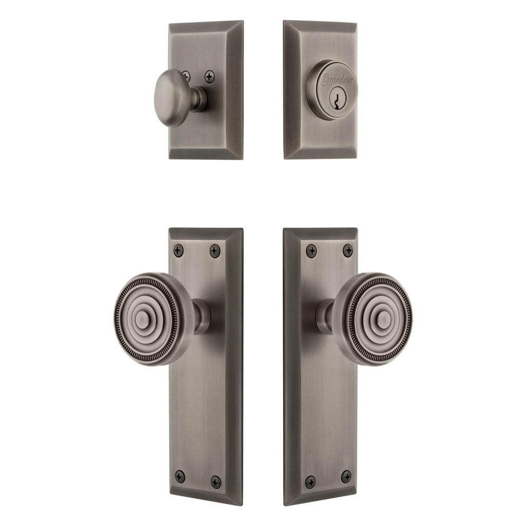 Fifth Avenue Long Plate Entry Set with Soleil Knob in Antique Pewter