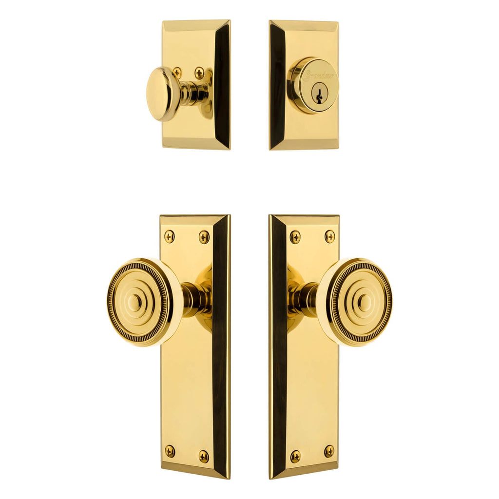 Fifth Avenue Long Plate Entry Set with Soleil Knob in Lifetime Brass