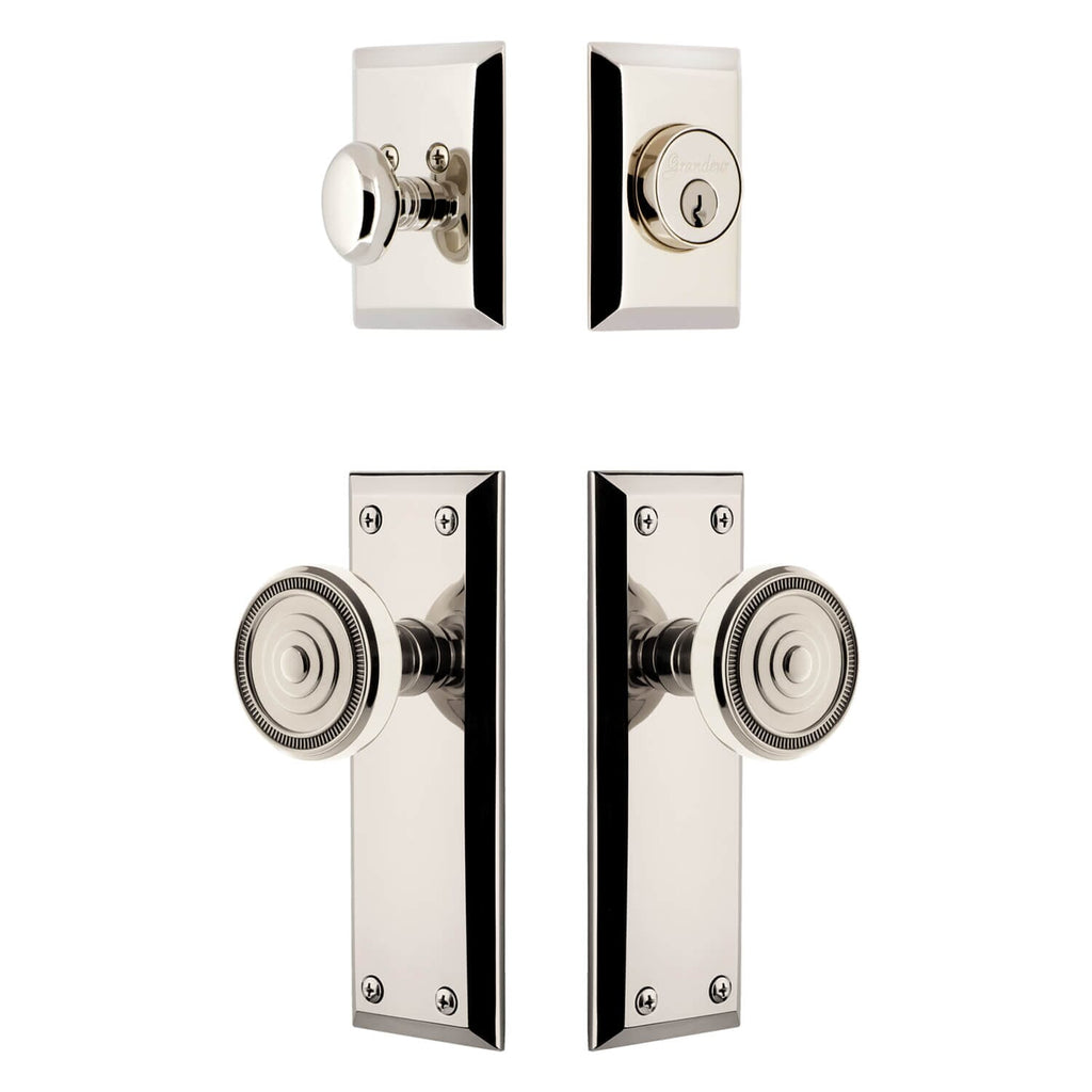 Fifth Avenue Long Plate Entry Set with Soleil Knob in Polished Nickel