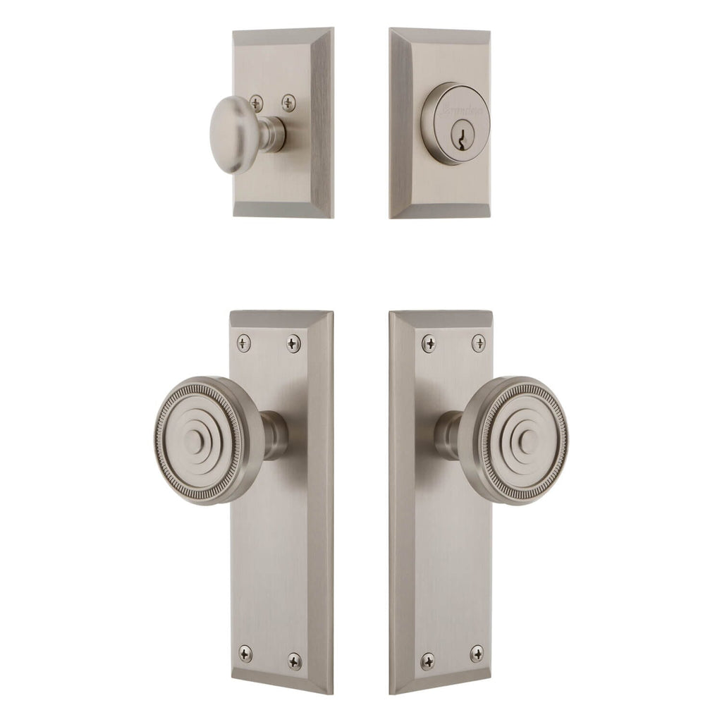 Fifth Avenue Long Plate Entry Set with Soleil Knob in Satin Nickel