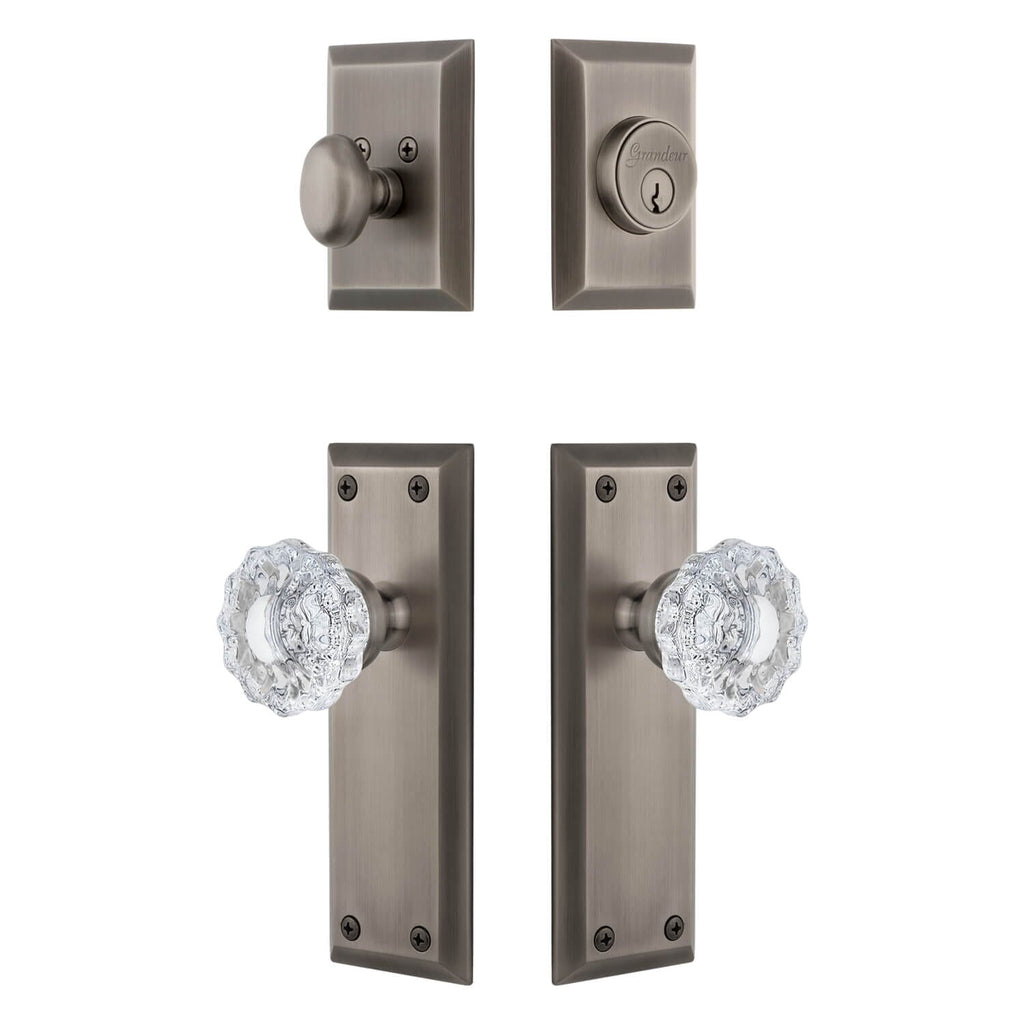 Fifth Avenue Long Plate Entry Set with Versailles Crystal Knob in Antique Pewter