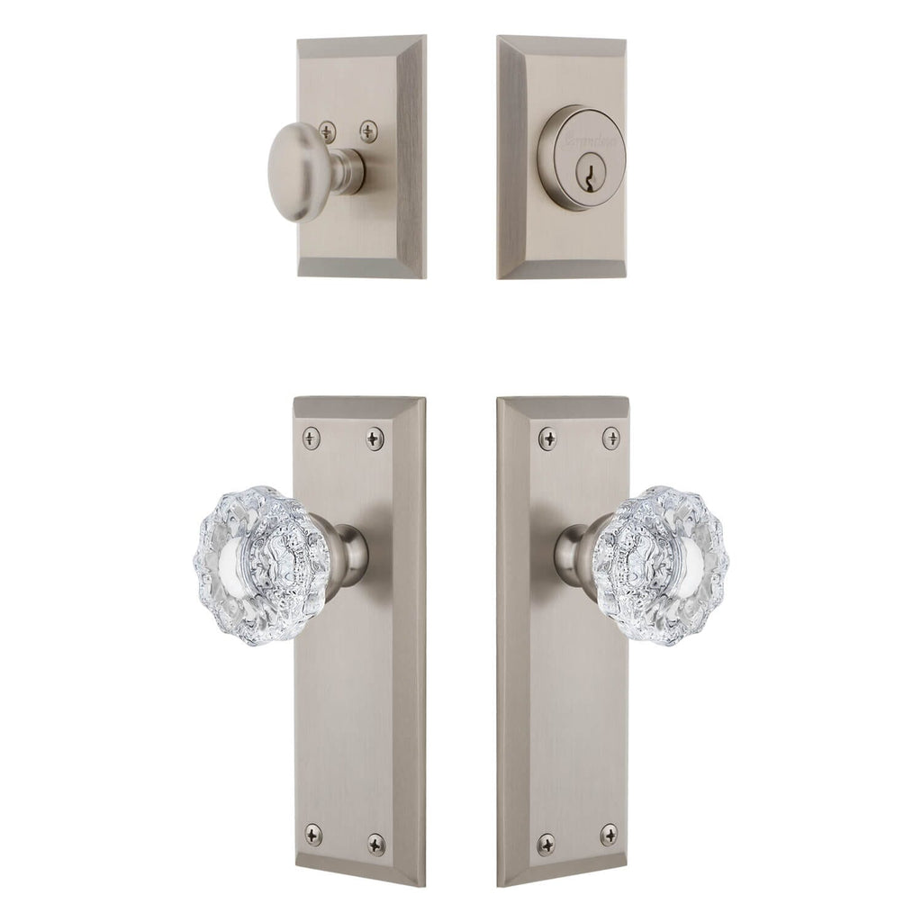 Fifth Avenue Long Plate Entry Set with Versailles Crystal Knob in Satin Nickel