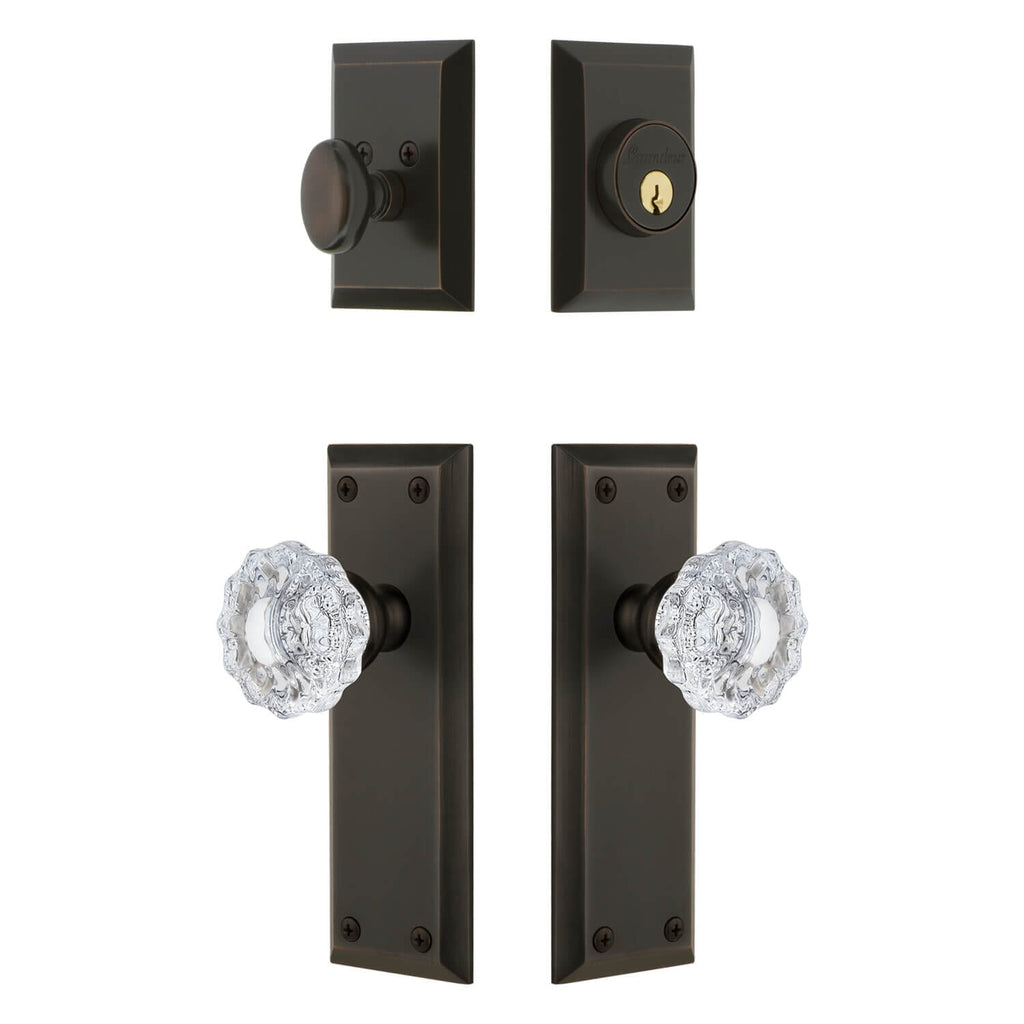 Fifth Avenue Long Plate Entry Set with Versailles Crystal Knob in Timeless Bronze