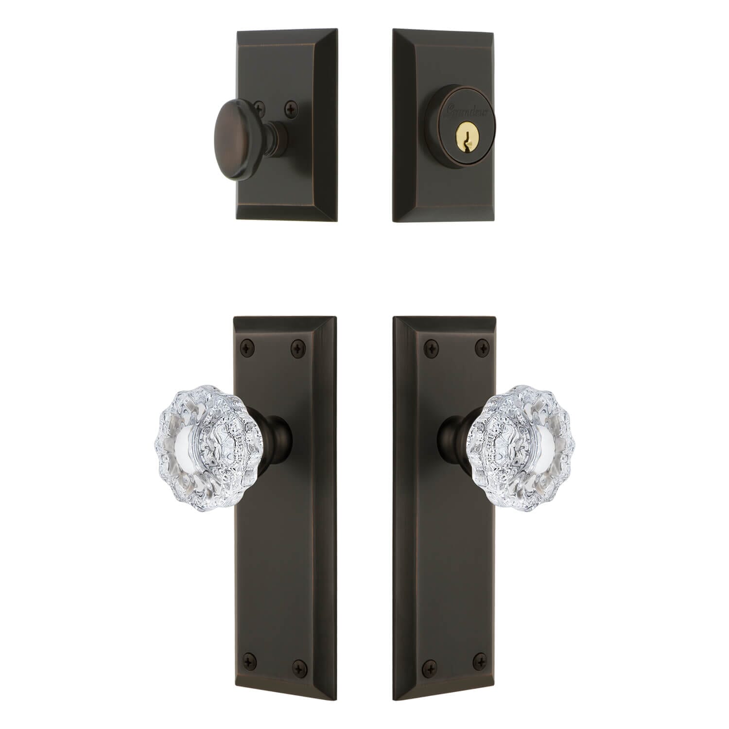 Fifth Avenue Long Plate Entry Set with Versailles Crystal Knob in Time - Grandeur  Hardware