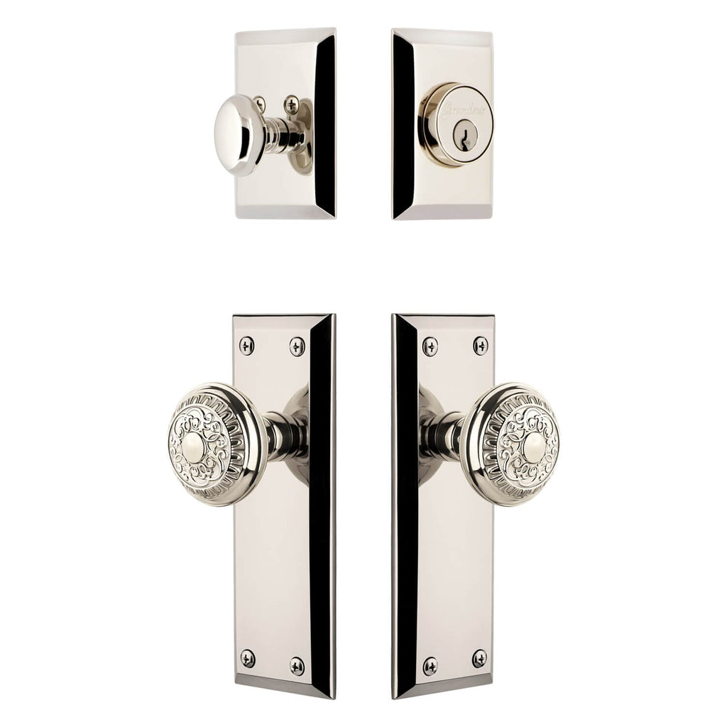 Fifth Avenue Long Plate Entry Set with Windsor Knob in Polished Nickel