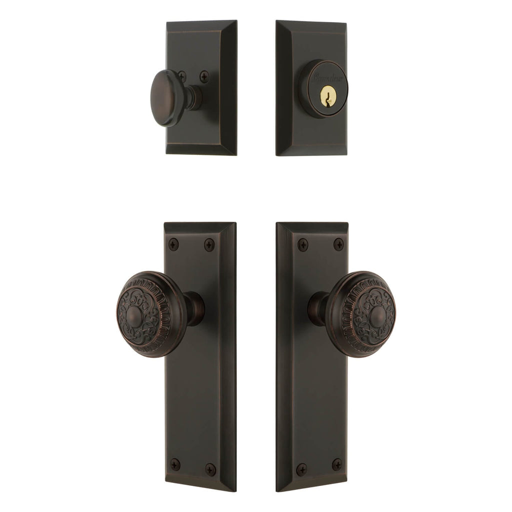 Fifth Avenue Long Plate Entry Set with Windsor Knob in Timeless Bronze