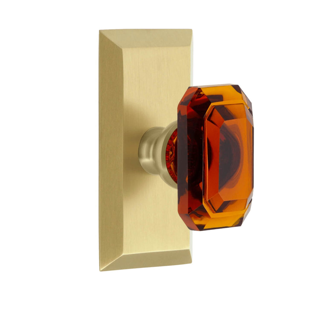 Fifth Avenue Short Plate with Baguette Amber Crystal Knob in Satin Brass