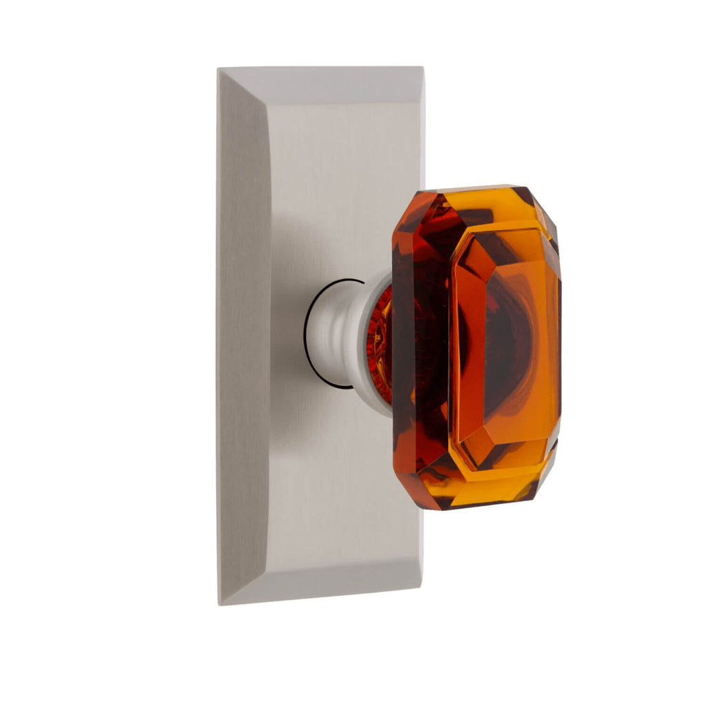Fifth Avenue Short Plate with Baguette Amber Crystal Knob in Satin Nickel