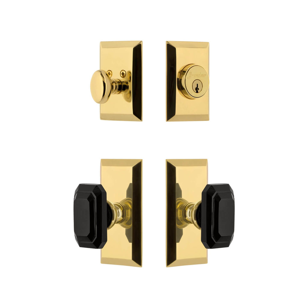 Fifth Avenue Short Plate Entry Set with Baguette Black Crystal Knob in Lifetime Brass