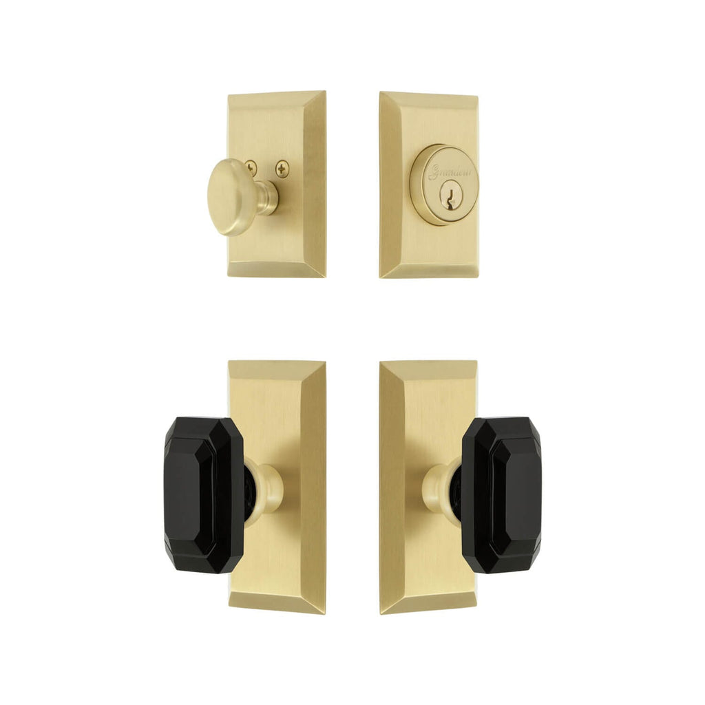 Fifth Avenue Short Plate Entry Set with Baguette Black Crystal Knob in Satin Brass