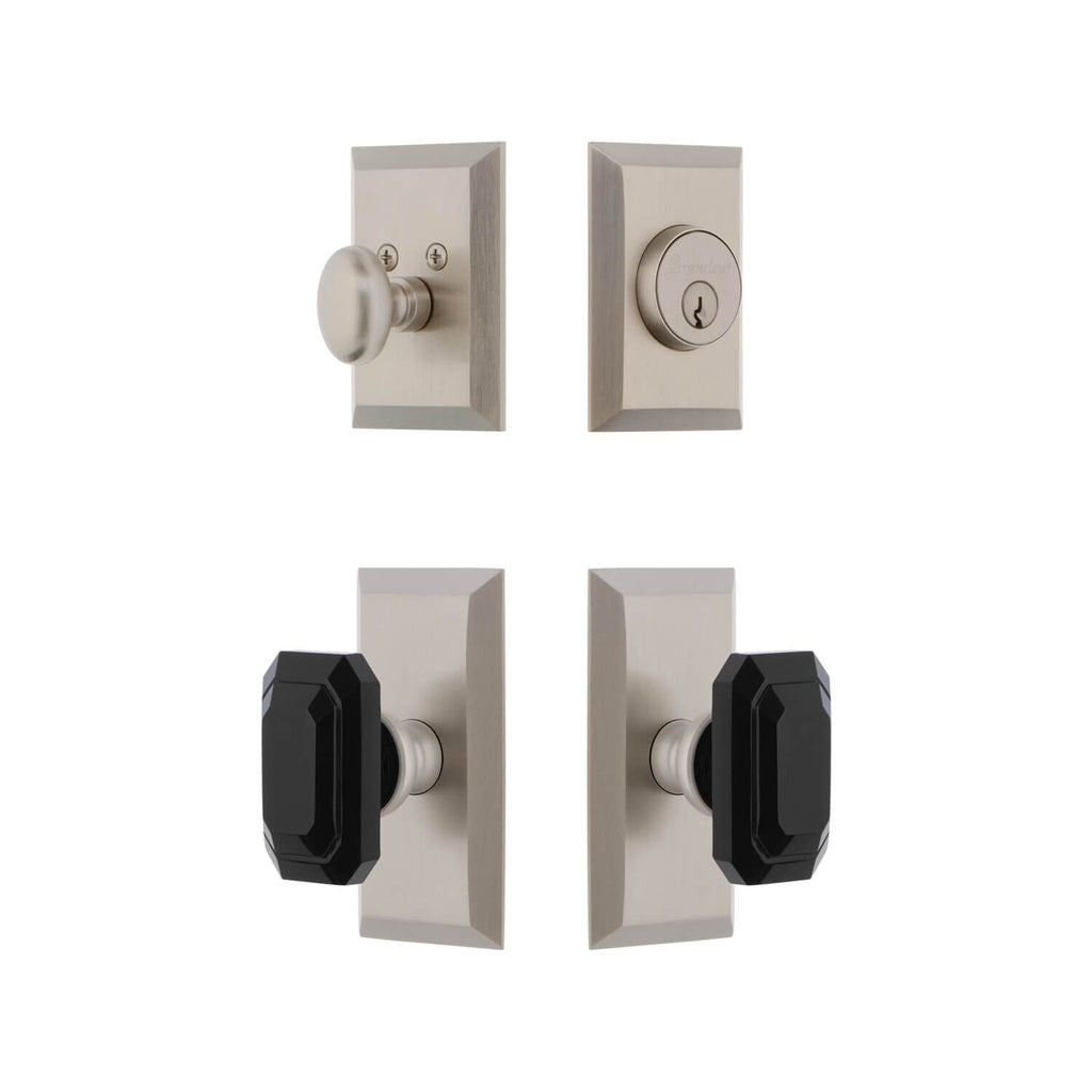 Fifth Avenue Short Plate Entry Set with Baguette Black Crystal Knob in Satin Nickel