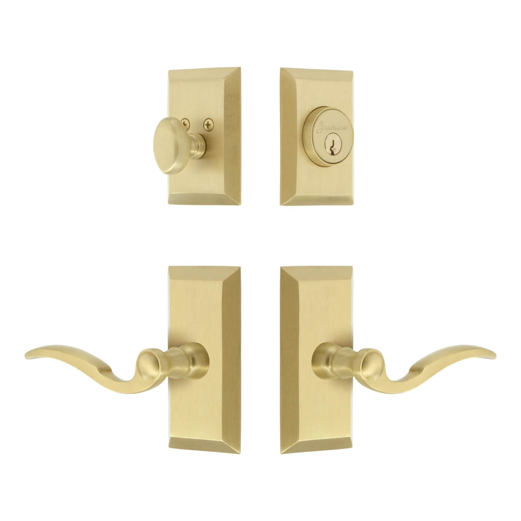 Fifth Avenue Short Plate Entry Set with Bellagio Lever in Satin Brass