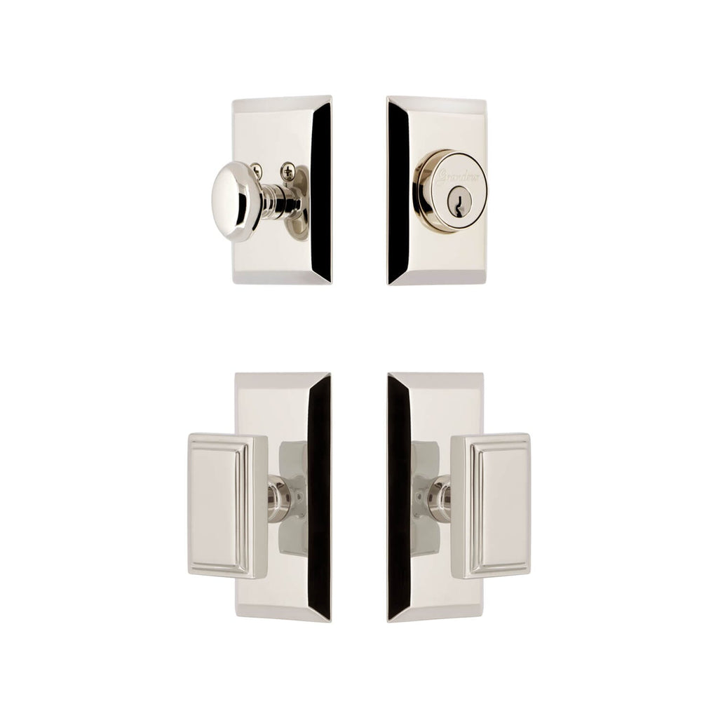 Fifth Avenue Short Plate Entry Set with Carre Knob in Polished Nickel